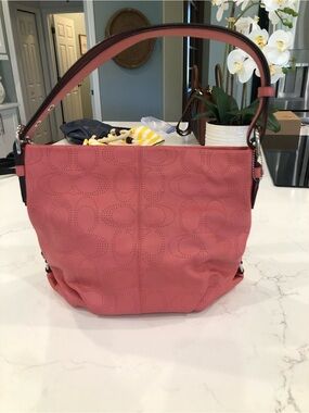 Coach Pink Perforated Signature Hobo Shoulder Bag